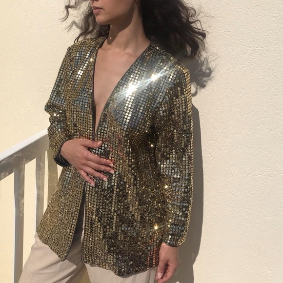 Vintage Jackets & Blazers - Vintage Braemar Jeremy Scott Blazer Sequins Metallic 90s Jacket Shoulder pads